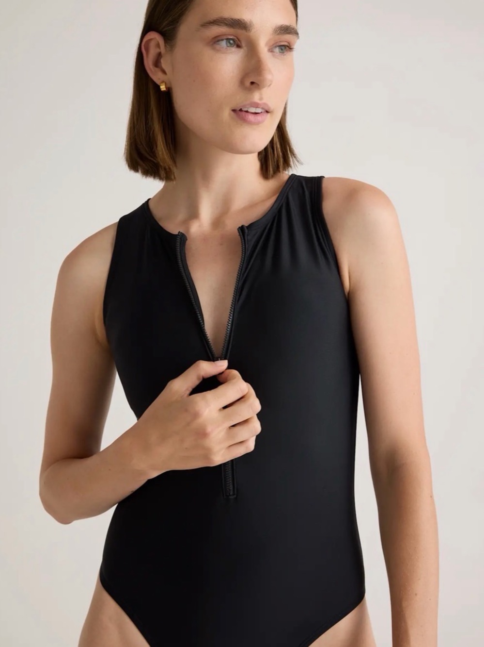 NWT Quince Black Sleeveless Zip-Front Swimsuit